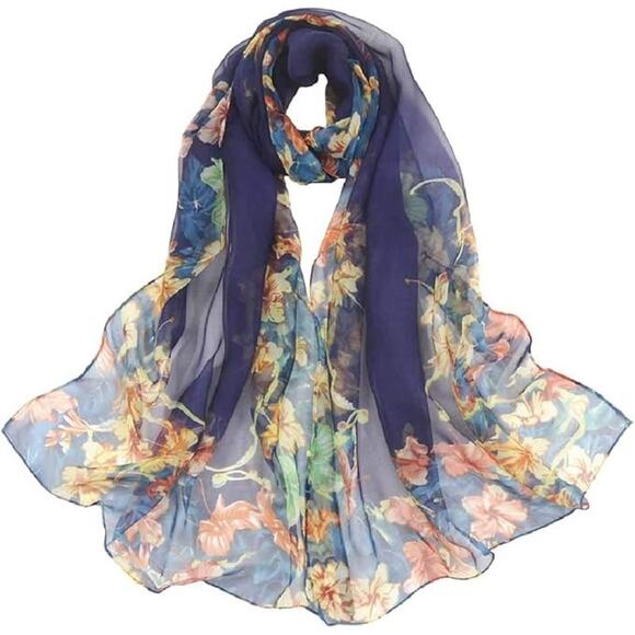 NEW Womens Beautiful Sheer Floral Pattern Scarf Super Soft and Silky NAVY FLORAL - Picture 2 of 2